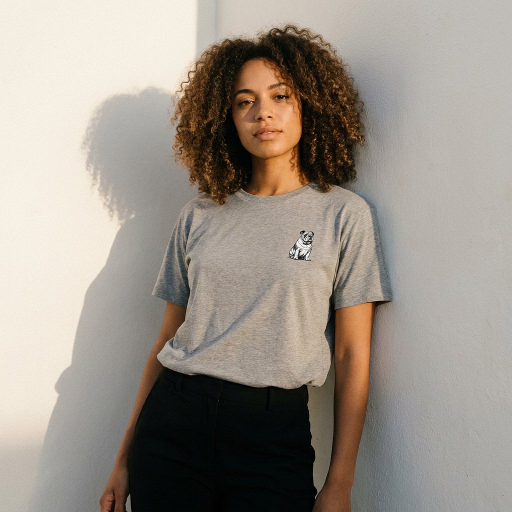 T-shirt en coton biologique gris chine Bacc & Rain, motif grave bouledogue anglais sur la poitrine gauche